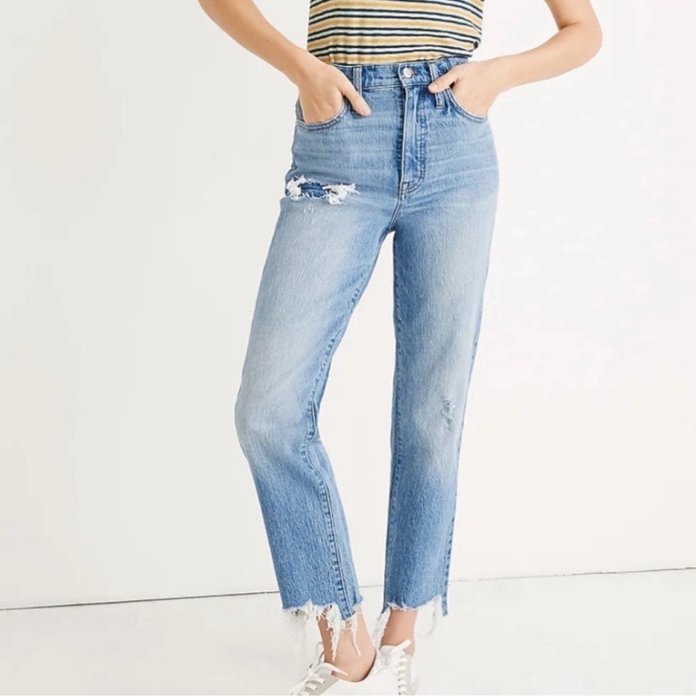 Madewell Classic Straight High Rise Distressed Jeans Raw Hem Size 24